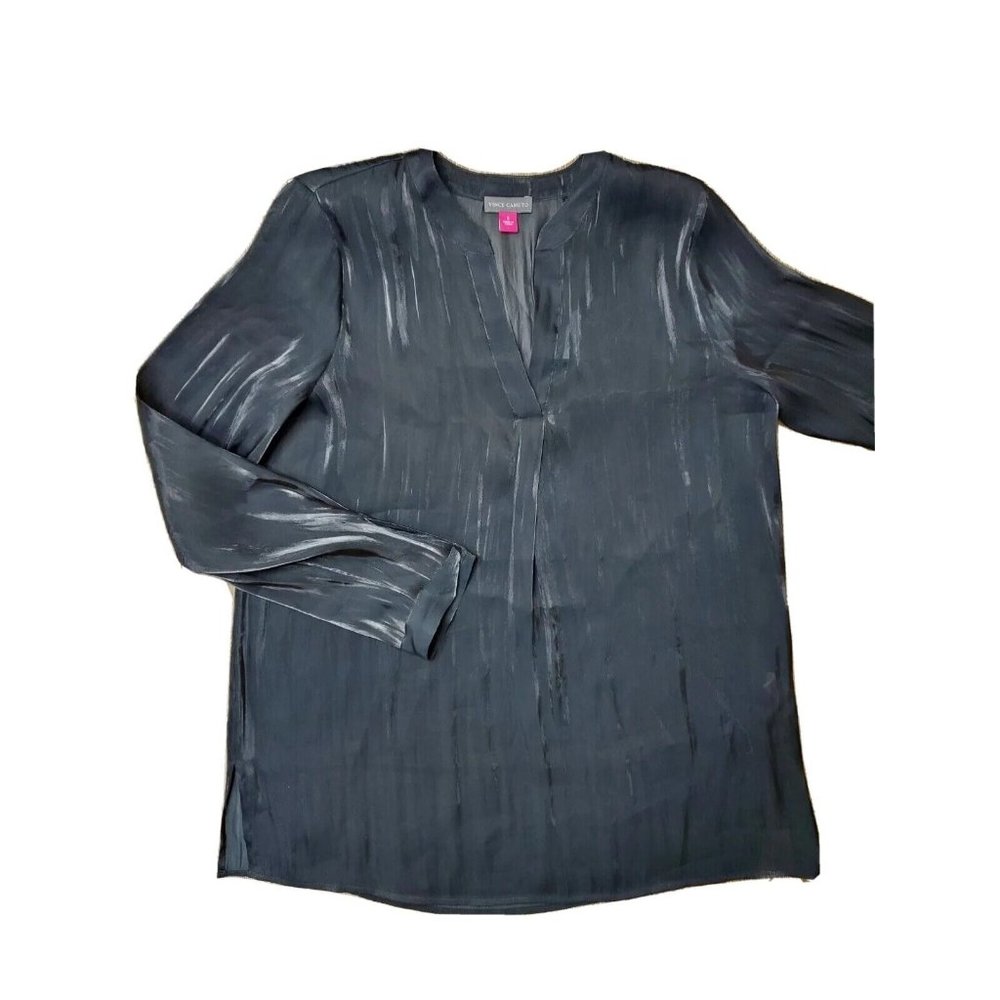 Vince Camuto Women's Small Black Sheer Shiny Dressy V Neck Tunic Long Sleeve